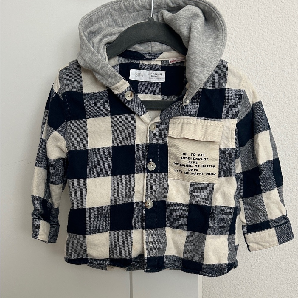 Zara Kids | Plaid Hooded Kids Shirt - Navy and White